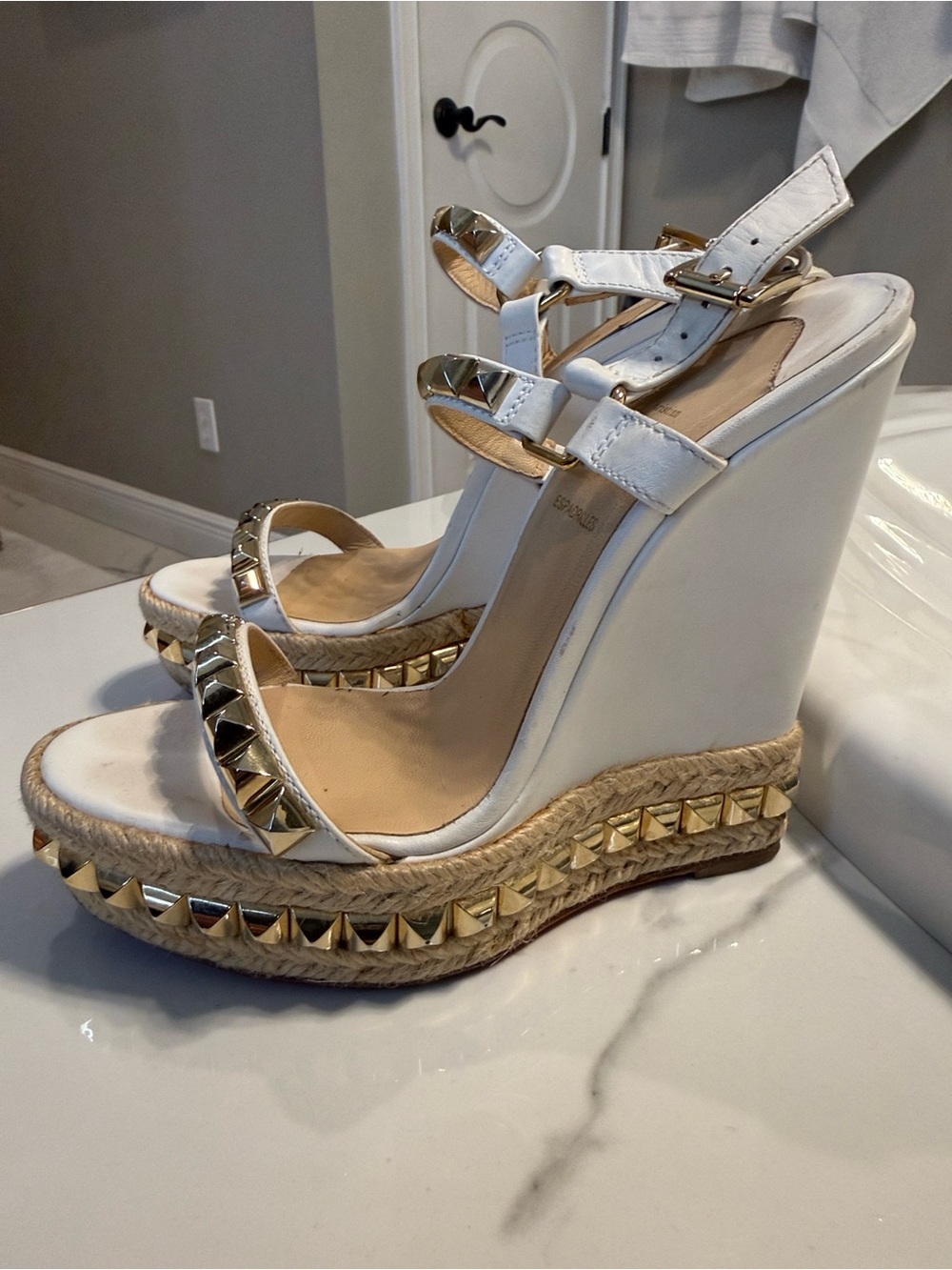 Christian Louboutin White Espadrille Wedge Sandals with Gold Studs